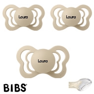 BIBS Couture Sutter med navn str2, Vanilla, Anatomisk Silikone, Pakke med 3 sutter